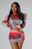 Mesh positioning printed open navel pleated sexy half skirt set