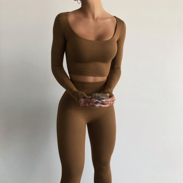 Long sleeved U-neck two-piece slim fitting fashion set