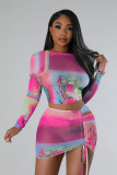 Mesh positioning printed open navel pleated sexy half skirt set