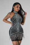 Perspective stitching hot diamond tassel sexy evening dress with buttocks