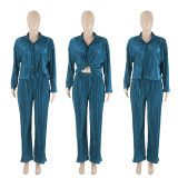 Short top long sleeved pleated sexy casual set