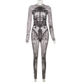 Women's long sleeved digital printed slim fitting high waisted sports jumpsuit