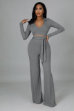 Solid dark V micro flare pants two-piece set
