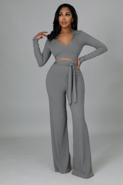 Solid dark V micro flare pants two-piece set