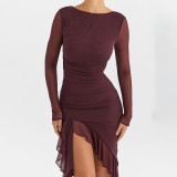 Round Neck Slim Fit Long Sleeve Mesh Panel Open Backpack Hip Dress