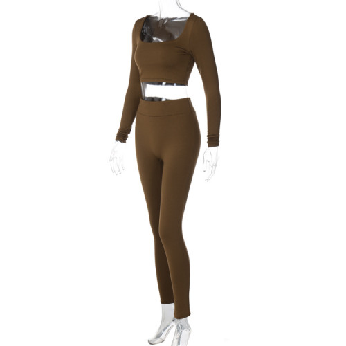 Long sleeved U-neck two-piece slim fitting fashion set