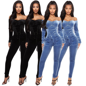 Velvet Off Shoulder Chicken Eyes Strap Slim Fit Jumpsuit