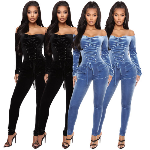 Velvet Off Shoulder Chicken Eyes Strap Slim Fit Jumpsuit