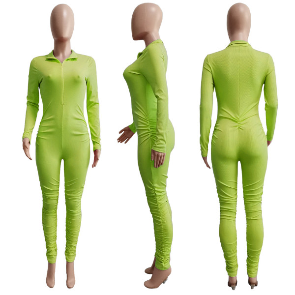 Thread zipper V-neck buttocks lifting slim sexy jumpsuit
