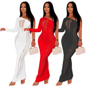 Single Shoulder Sleeve Burnt Flower Hollow Out Dress