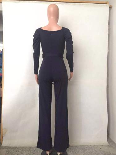 Long sleeved solid V-neck tight jumpsuit