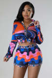 Two piece set of printed long sleeved shirts and shorts