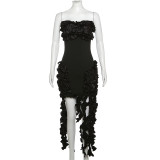 Sexy One Line Neck Spliced Fringe Ruffle Edge Slim Fit Dress