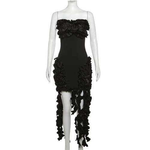 Sexy One Line Neck Spliced Fringe Ruffle Edge Slim Fit Dress