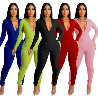 Thread zipper V-neck buttocks lifting slim sexy jumpsuit