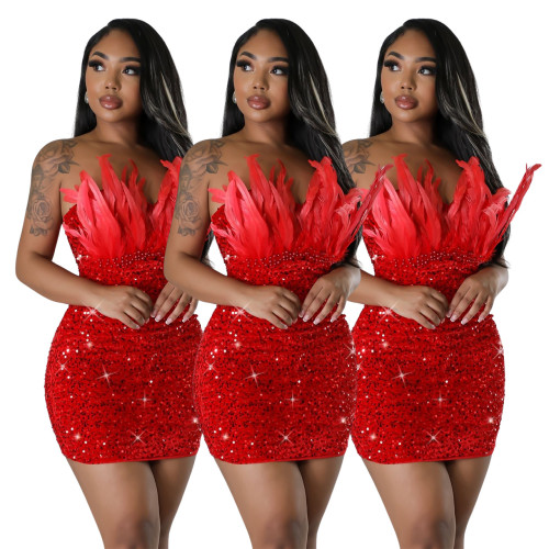 Feather sequin wrap chest tight wrap hip skirt