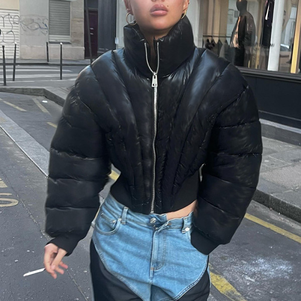 Lapel zipper long sleeved slim fitting navel exposed jacket cotton jacket