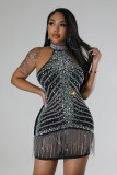 Perspective stitching hot diamond tassel sexy evening dress with buttocks