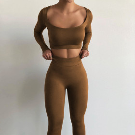 Long sleeved U-neck two-piece slim fitting fashion set