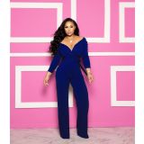 Long sleeved solid V-neck tight jumpsuit