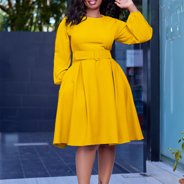 Long sleeved round neck large swing dress