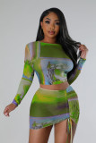 Mesh positioning printed open navel pleated sexy half skirt set