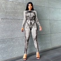 Women's long sleeved digital printed slim fitting high waisted sports jumpsuit Women's long sleeved digital printed slim fitting high waisted sports jumpsuit