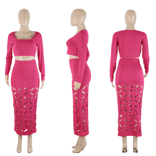 Thread Burnt Square Neck High Waist Slim Fit Hollow Sexy Two Piece Set
