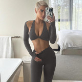 Long sleeved shawl wrapped chest pants three piece set