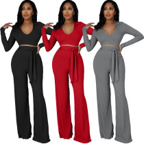 Solid dark V micro flare pants two-piece set Solid dark V micro flare pants two-piece set