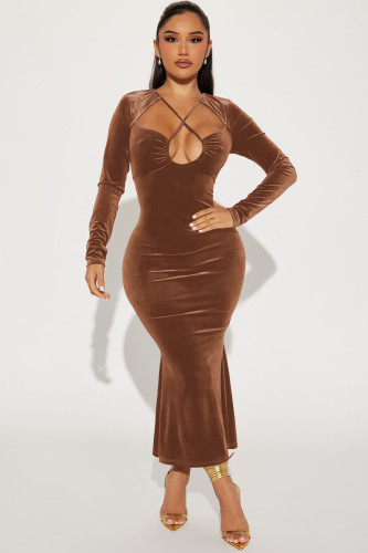 Fashionable Hanging Neck Wrapped Hip Fishtail Long Dress