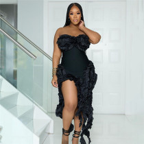 Sexy One Line Neck Spliced Fringe Ruffle Edge Slim Fit Dress Sexy One Line Neck Spliced Fringe Ruffle Edge Slim Fit Dress