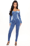 Velvet Off Shoulder Chicken Eyes Strap Slim Fit Jumpsuit