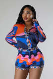 Two piece set of printed long sleeved shirts and shorts