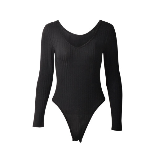 V-neck long sleeved pit stripe slimming bottom jumpsuit