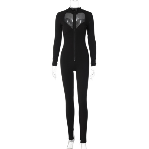 Reverse zipper pit stripe long sleeved jumpsuit