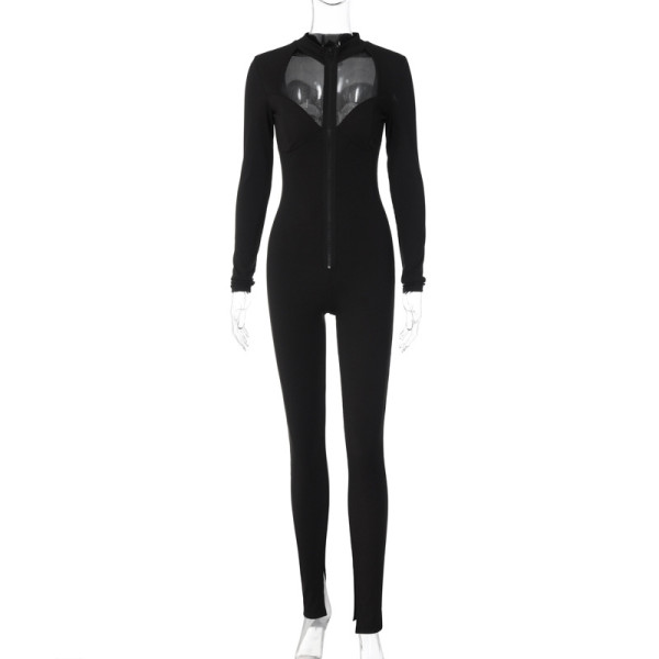 Reverse zipper pit stripe long sleeved jumpsuit