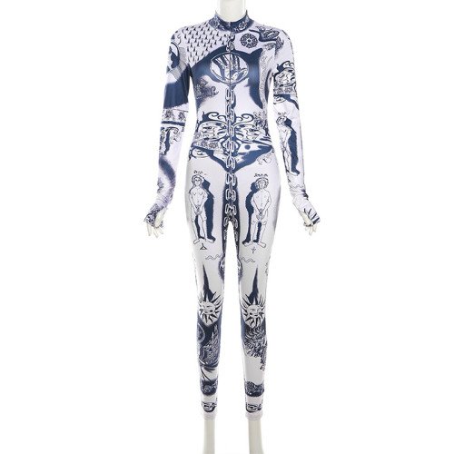 Printed buttocks tight high waisted casual jumpsuit