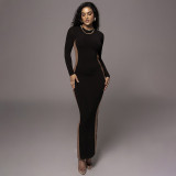 Contrast Round Neck Long Sleeve Split Dress Long Dress