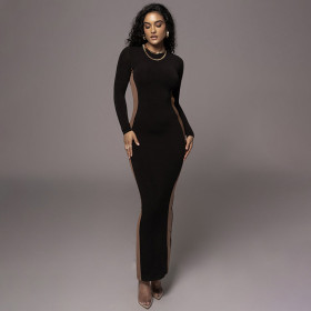 Contrast Round Neck Long Sleeve Split Dress Long Dress
