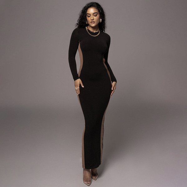Contrast Round Neck Long Sleeve Split Dress Long Dress