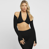 Long sleeved shawl wrapped chest pants three piece set