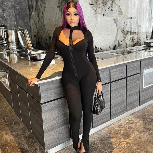 Reverse zipper pit stripe long sleeved jumpsuit