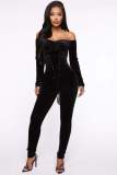 Velvet Off Shoulder Chicken Eyes Strap Slim Fit Jumpsuit