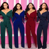 Long sleeved solid V-neck tight jumpsuit Long sleeved solid V-neck tight jumpsuit