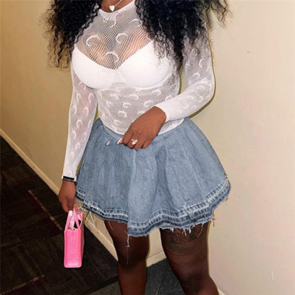 Pleated sexy buttocks wrapped denim skirt