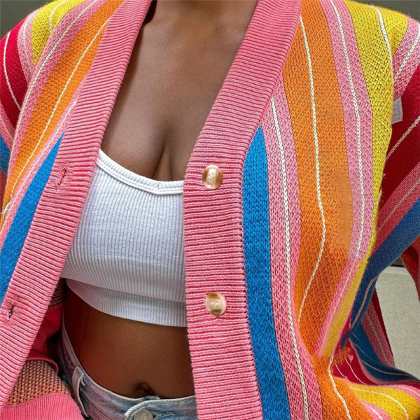 Contrast knit striped long sleeved street photo cardigan loose fitting casual top