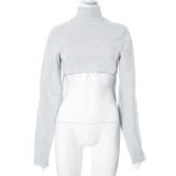 Long sleeved open navel high neck irregular T-shirt top