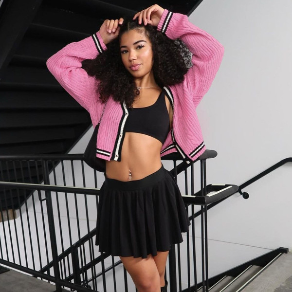 V-neck cardigan contrast exposed navel knitted long sleeved sweater