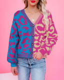 Contrast leopard print V-neck single breasted cardigan sweater